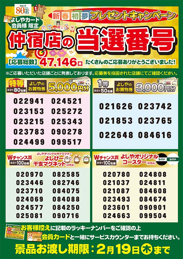 仲宿店　当選番号